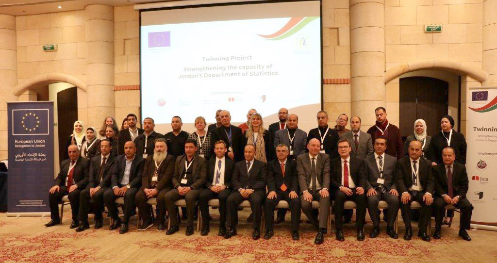 Participants pose for a photo during the launch of a project by the Department of Statistics and the EU on Tuesday to upgrade the department's statistical data collection, analysis and reporting capabilities (Petra photo)